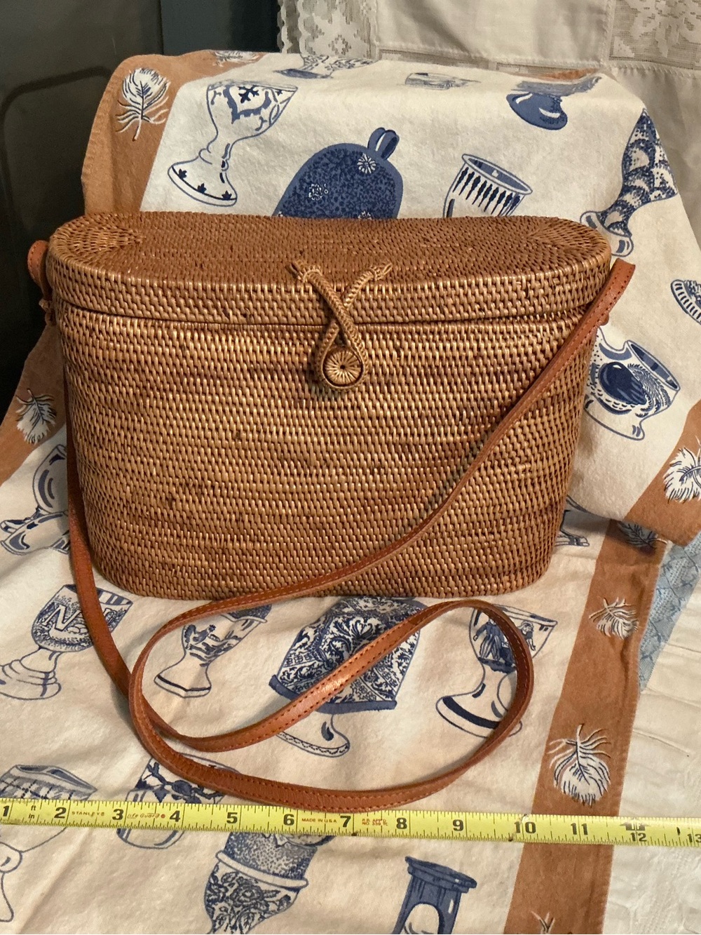 Handwoven Brown Rattan Crossbody Bag with Leather Strap